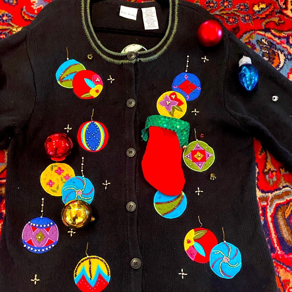 Tacky Ugly Christmas Sweater Vintage Ornaments Embellished Party Sz L